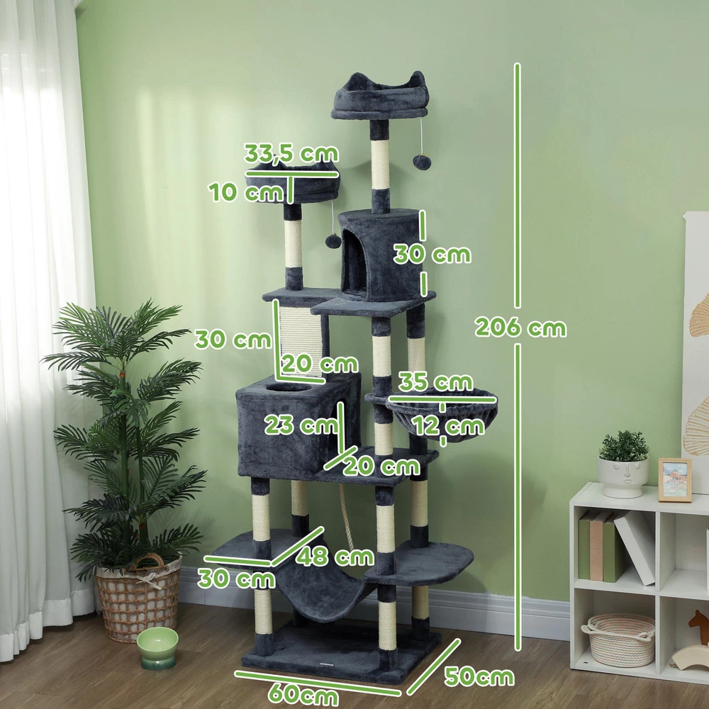 PawHut draskyklė 206 cm kačių bokštas su nameliu, 2 žaisliniais kamuoliukais, sizalio stulpais, platforma didelėms katėms, tamsiai pilka