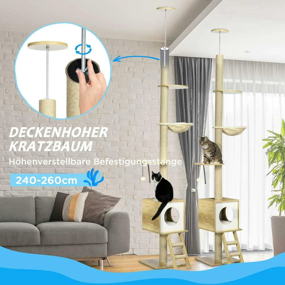 PawHut katės draskyklė, montuojama iki lubų, 240-260 cm, su nameliu ir hamaku, šviesiai ruda + smėlio spalvos