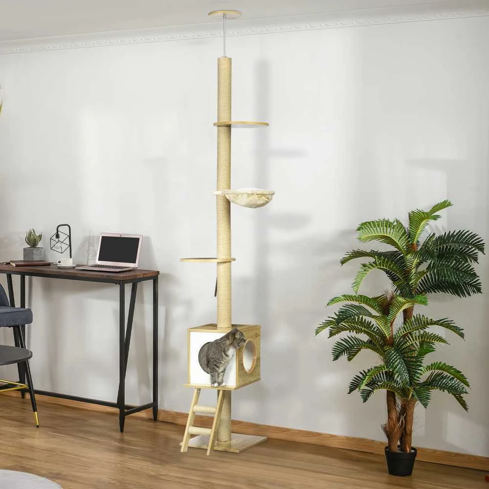 PawHut katės draskyklė, montuojama iki lubų, 240-260 cm, su nameliu ir hamaku, šviesiai ruda + smėlio spalvos