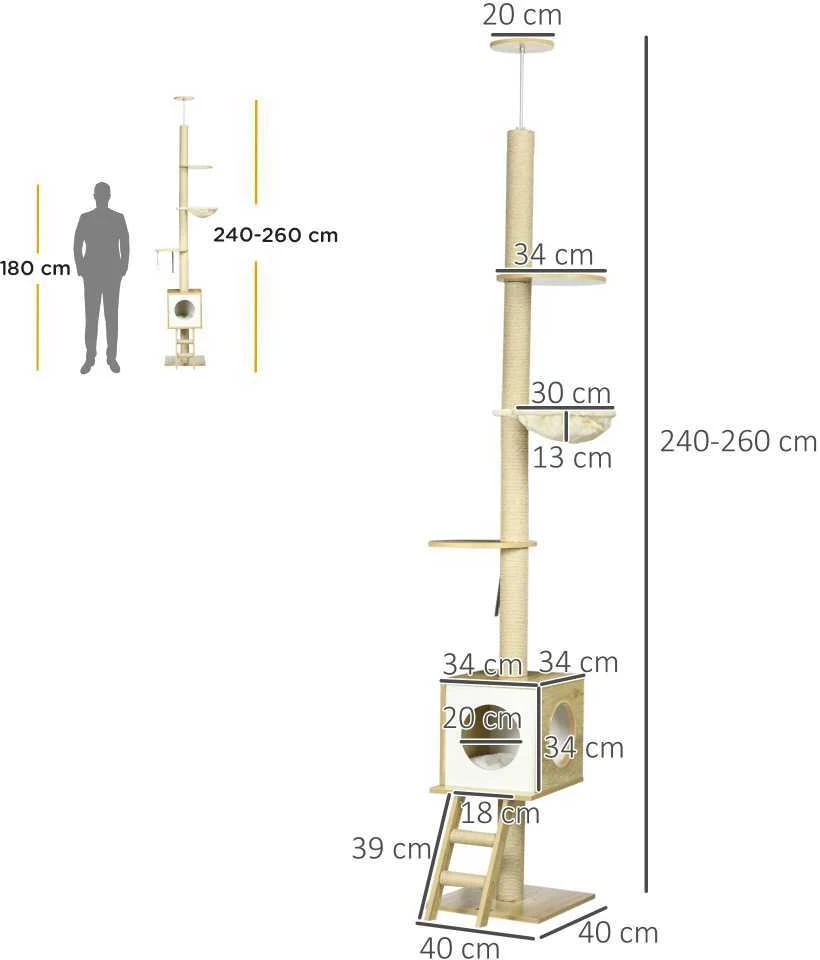 PawHut katės draskyklė, montuojama iki lubų, 240-260 cm, su nameliu ir hamaku, šviesiai ruda + smėlio spalvos