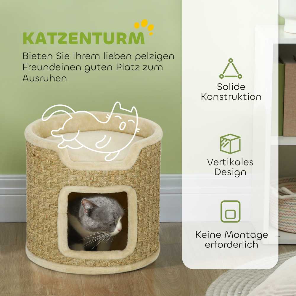 PawHut draskyklė-namelis, 37 cm aukščio katėms su durelėmis, 2 aukštai, sizalio danga, iki 5kg svorio katėms, chaki spalvos