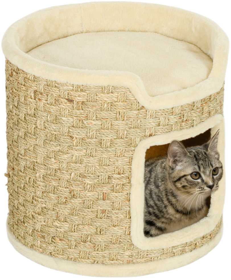 PawHut draskyklė-namelis, 37 cm aukščio katėms su durelėmis, 2 aukštai, sizalio danga, iki 5kg svorio katėms, chaki spalvos
