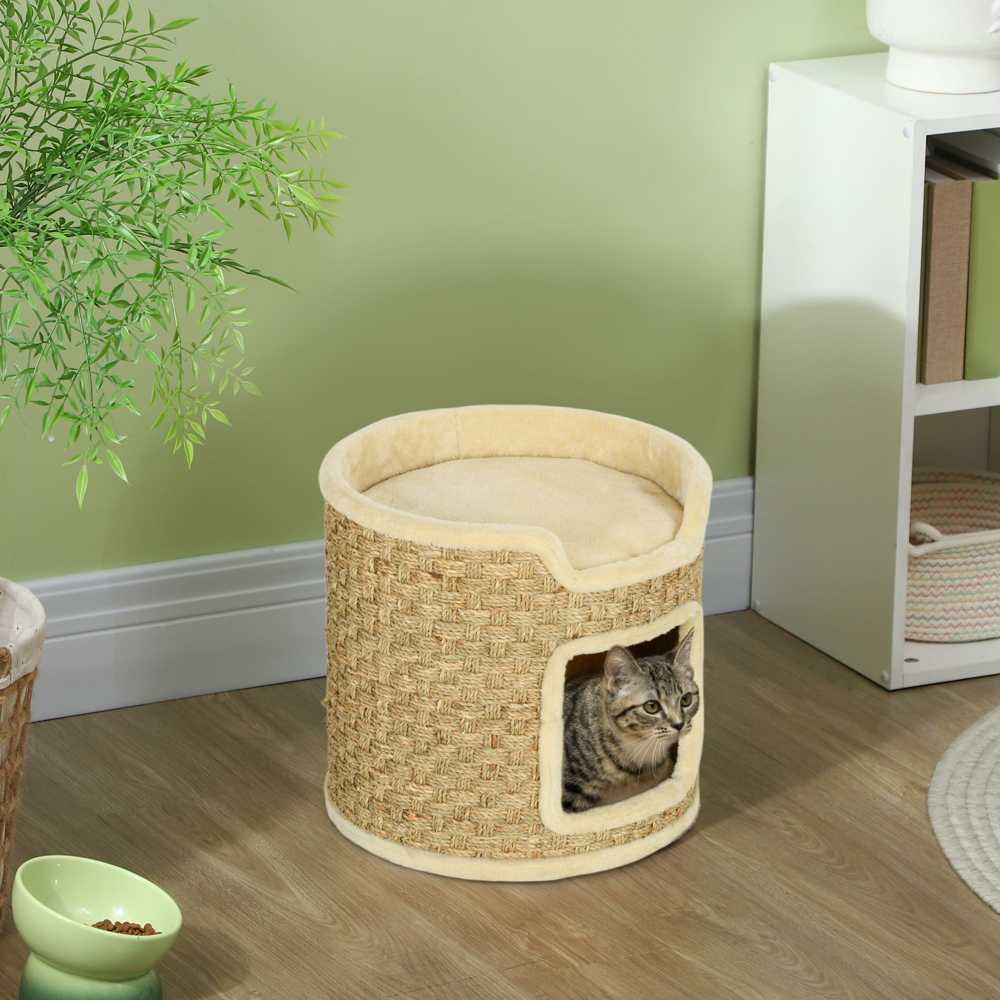 PawHut draskyklė-namelis, 37 cm aukščio katėms su durelėmis, 2 aukštai, sizalio danga, iki 5kg svorio katėms, chaki spalvos