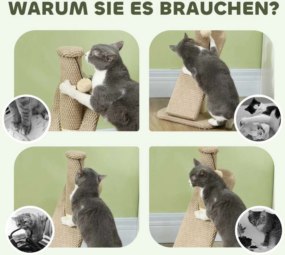 PawHut draskyklė, 54 cm draskymo stulpas, sizalio kačių draskyklė su žaisliniu kamuoliuku, draskyklė katėms, baldai katėms, vidaus naudojimui, kreminė balta