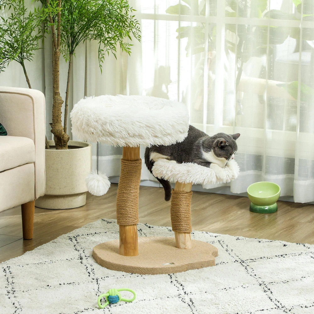 PawHut draskyklė, 61,5 cm aukščio katėms, su žaisliniu kamuoliuku, lovelėmis, draskymo lenta, katėms iki 5kg, kriaušės mediena, balta