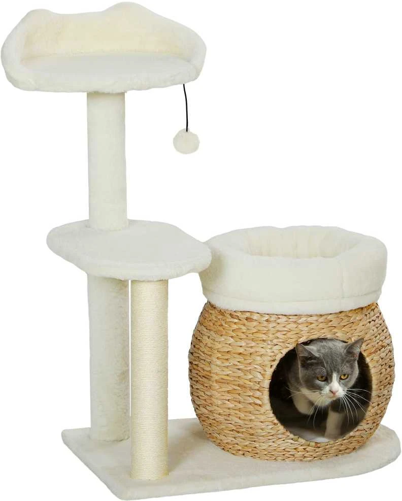 PawHut 79 cm draskyklė-namelis, su landyne, lovomis ir žaisliniais kamuoliukais, sizalio kolonėlės, katėms iki 5kg, kreminės spalvos