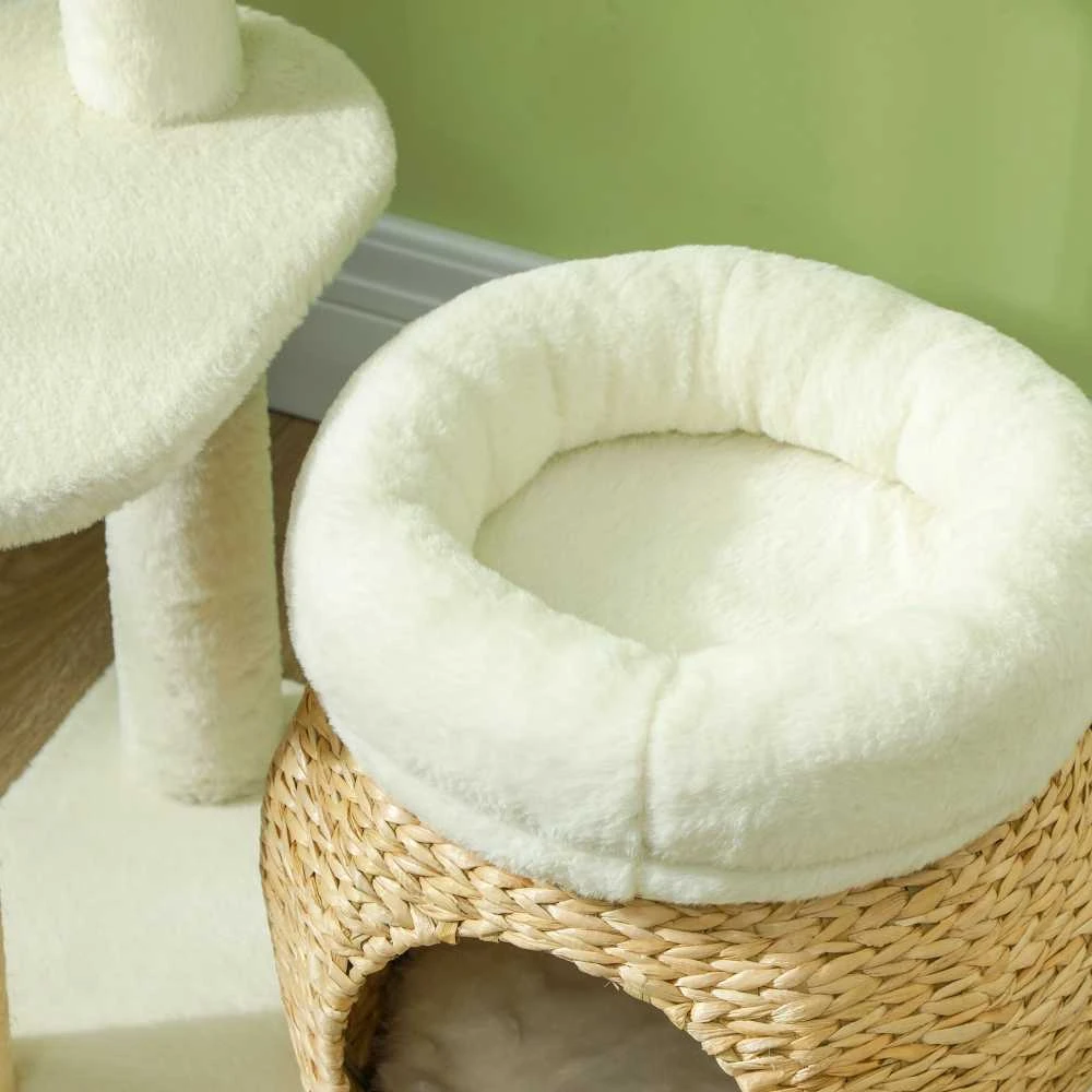 PawHut 79 cm draskyklė-namelis, su landyne, lovomis ir žaisliniais kamuoliukais, sizalio kolonėlės, katėms iki 5kg, kreminės spalvos
