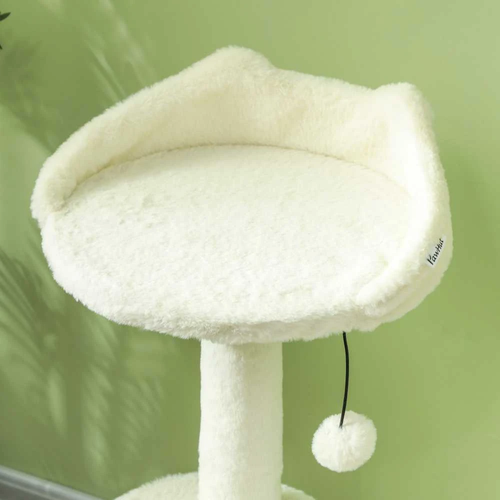 PawHut 79 cm draskyklė-namelis, su landyne, lovomis ir žaisliniais kamuoliukais, sizalio kolonėlės, katėms iki 5kg, kreminės spalvos