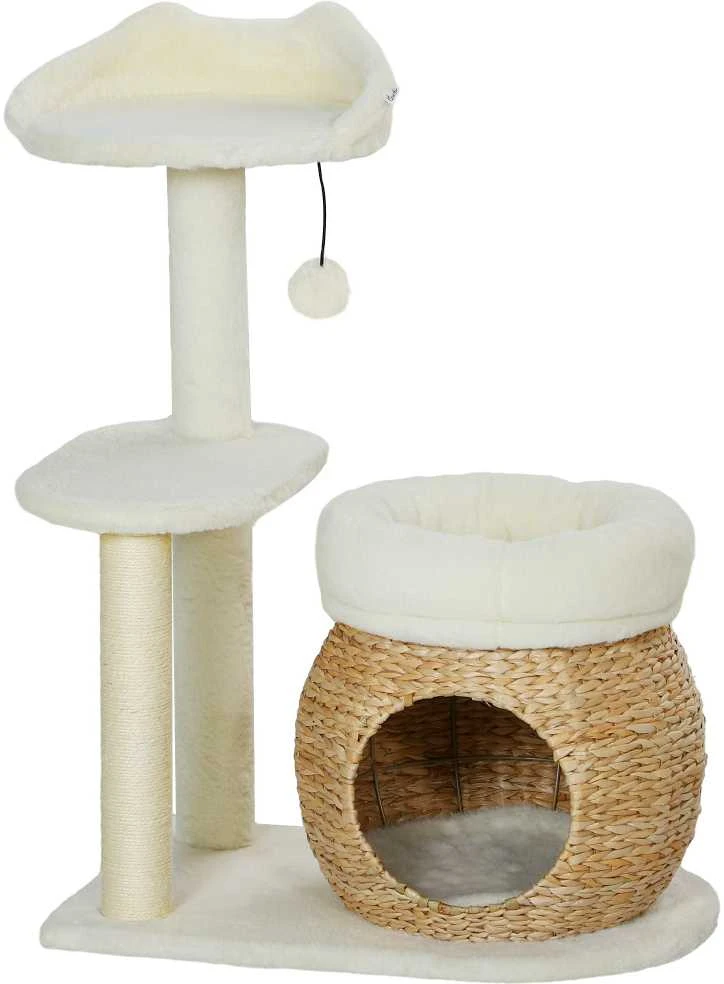 PawHut 79 cm draskyklė-namelis, su landyne, lovomis ir žaisliniais kamuoliukais, sizalio kolonėlės, katėms iki 5kg, kreminės spalvos