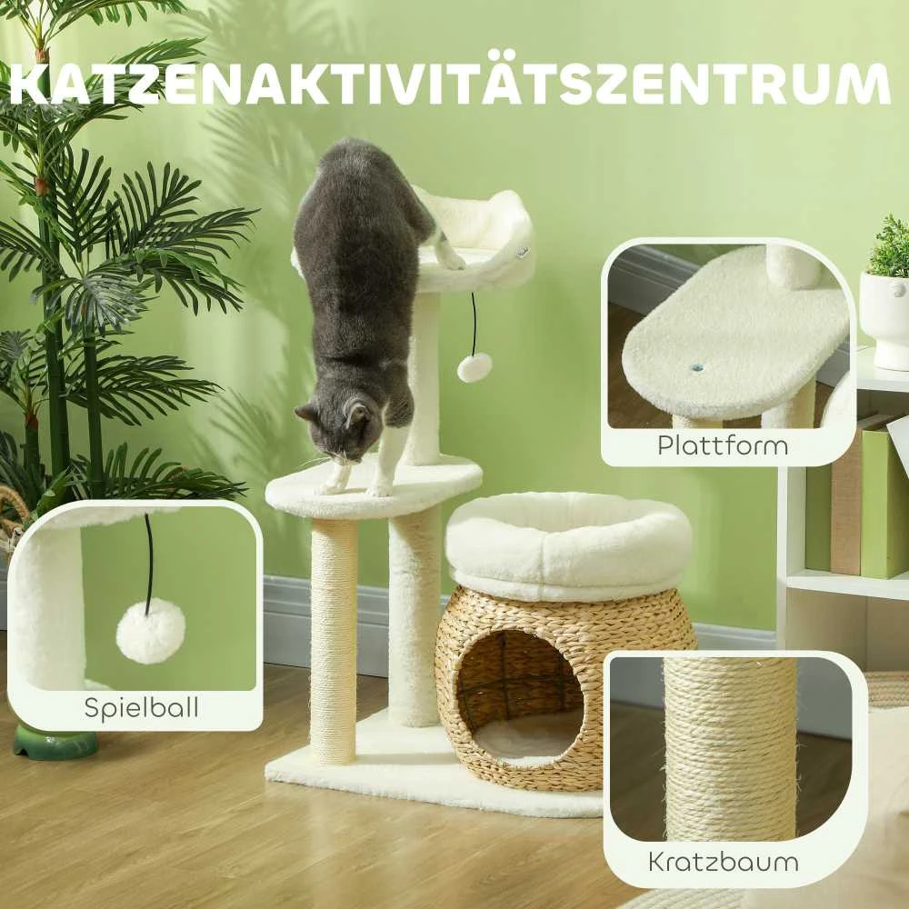 PawHut 79 cm draskyklė-namelis, su landyne, lovomis ir žaisliniais kamuoliukais, sizalio kolonėlės, katėms iki 5kg, kreminės spalvos