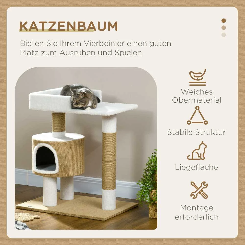 PawHut draskyklė 79 cm, maža katėms skirta draskyklė su nameliu ir gulėjimo vieta, iki 8kg katėms, džiutas, ruda/balta