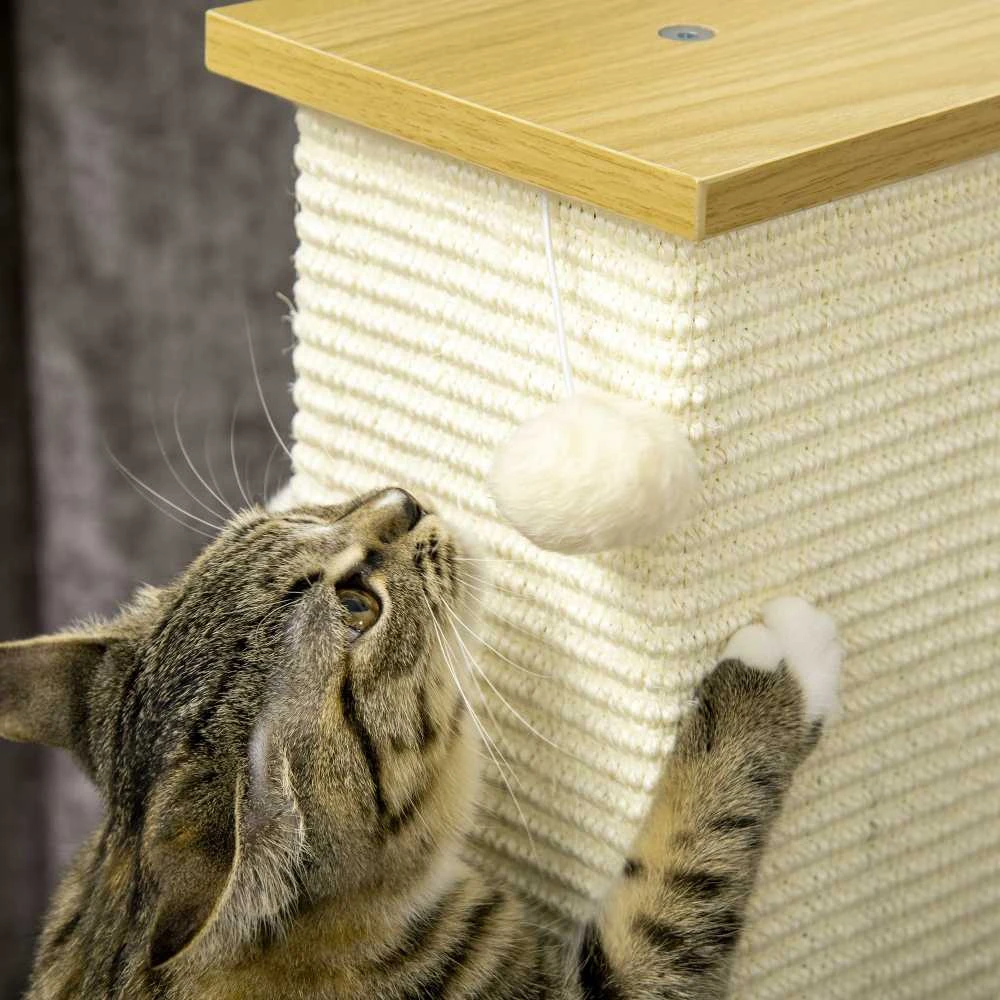 PawHut draskyklė, 80 cm aukščio draskymo stulpas su žaidimų kamuoliuku, sizalio virvės draskymo stulpelis, draskymo lenta, ąžuolo ir kreminės baltos spalvos, katėms