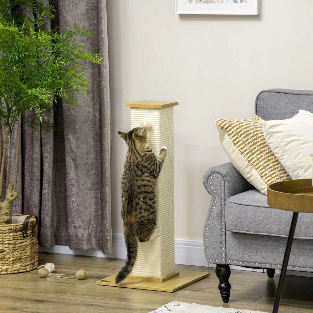 PawHut draskyklė, 80 cm aukščio draskymo stulpas su žaidimų kamuoliuku, sizalio virvės draskymo stulpelis, draskymo lenta, ąžuolo ir kreminės baltos spalvos, katėms