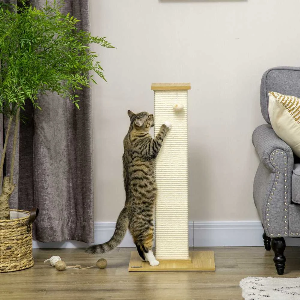 PawHut draskyklė, 80 cm aukščio draskymo stulpas su žaidimų kamuoliuku, sizalio virvės draskymo stulpelis, draskymo lenta, ąžuolo ir kreminės baltos spalvos, katėms