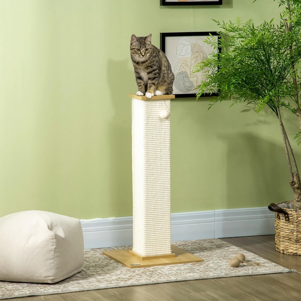 PawHut draskyklė, 80 cm aukščio draskymo stulpas su žaidimų kamuoliuku, sizalio virvės draskymo stulpelis, draskymo lenta, ąžuolo ir kreminės baltos spalvos, katėms