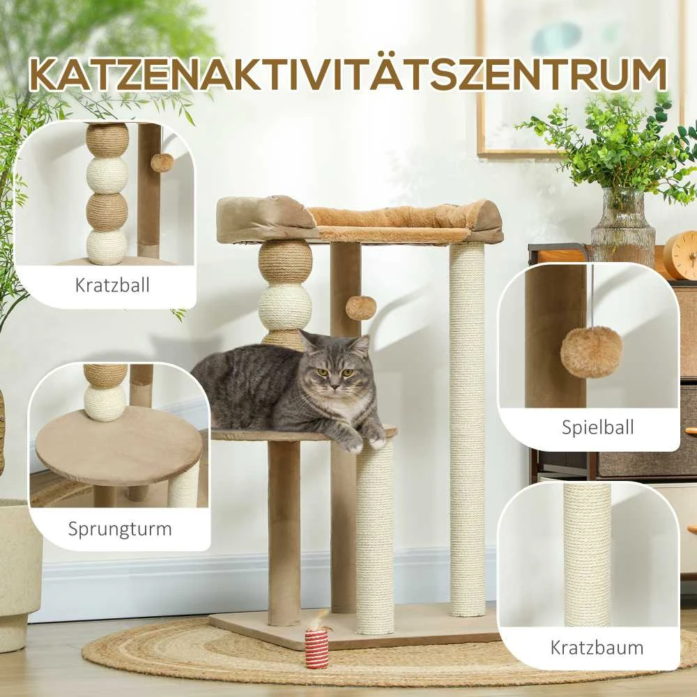 PawHut draskyklė, 86 cm, katėms su šokinėjimo platforma, guoliu, žaidimų kamuoliuku, džiuto paviršiais, iki 7kg, kavos spalvos