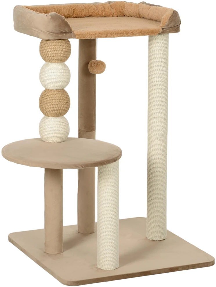 PawHut draskyklė, 86 cm, katėms su šokinėjimo platforma, guoliu, žaidimų kamuoliuku, džiuto paviršiais, iki 7kg, kavos spalvos