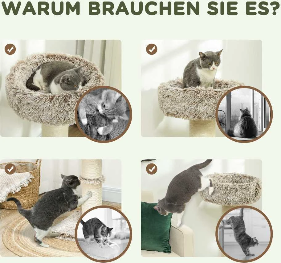 PawHut draskyklė katėms, 87 cm aukščio, su guoliu, storu stulpu, sizalio draskymo stulpais, katėms iki 6kg, vidaus naudojimui, ruda