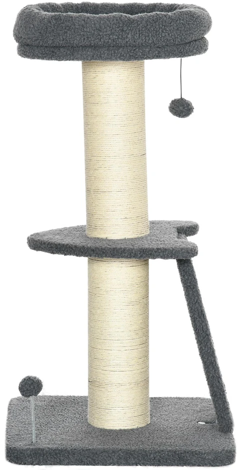 PawHut draskyklė 92 cm aukščio, laipynė su draskymo lenta ir žaidimų kamuoliuku, storas sizalio stulpas, avikailio imitacija, tamsiai pilka ir kreminė balta