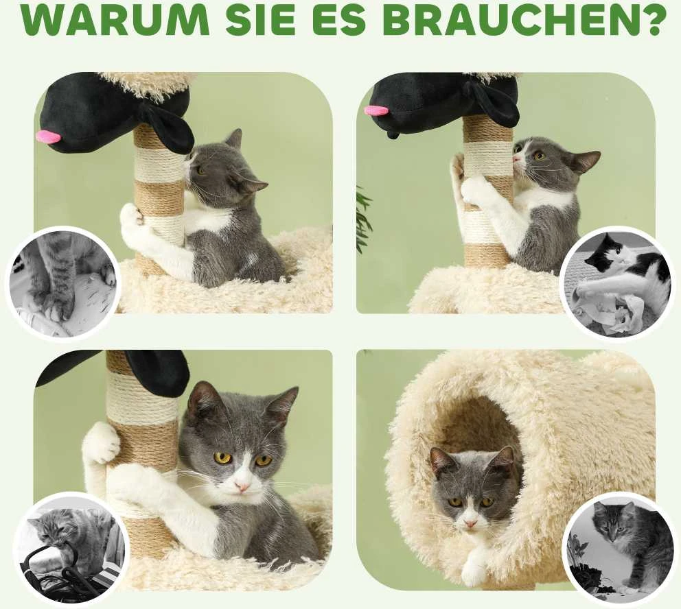 PawHut draskyklė, 98 cm, katėms, su draskymo stulpais, tuneliu, žaisliniu kamuoliuku, aviuko dizainas, katėms iki 5kg, šviesiai ruda