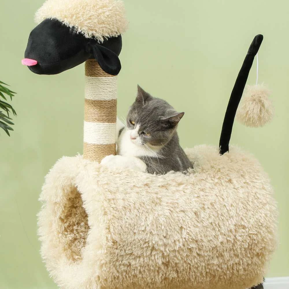 PawHut draskyklė, 98 cm, katėms, su draskymo stulpais, tuneliu, žaisliniu kamuoliuku, aviuko dizainas, katėms iki 5kg, šviesiai ruda