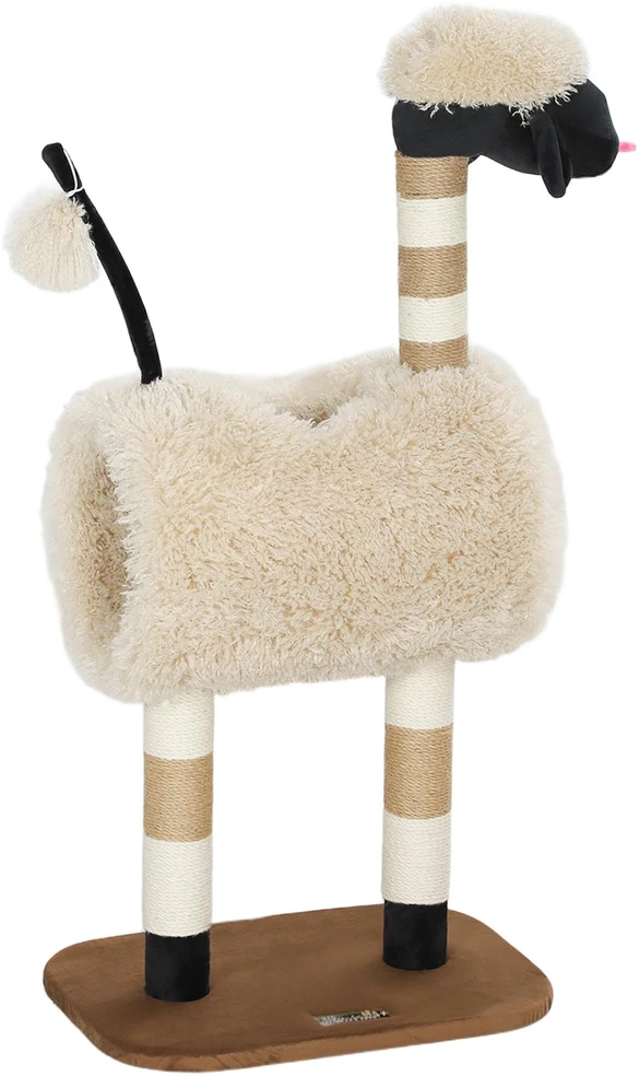 PawHut draskyklė, 98 cm, katėms, su draskymo stulpais, tuneliu, žaisliniu kamuoliuku, aviuko dizainas, katėms iki 5kg, šviesiai ruda