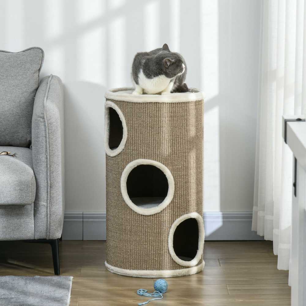PawHut kačių draskyklė-namelis, aukštis 70 cm, žaidimų namelis katėms, 3 lygiai, draskyklė su 3 olomis, kačių medis, draskyklės bokštas, sizalis, pliušas | Aosom