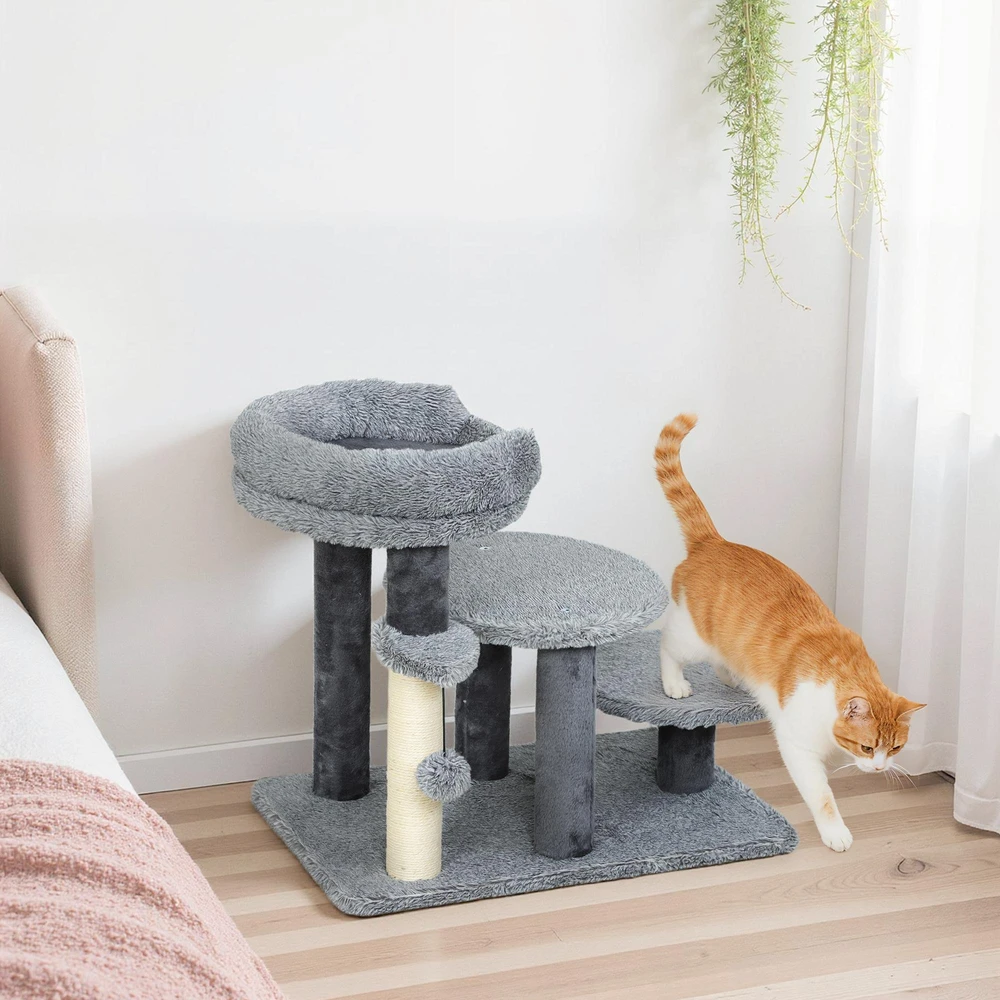 PawHut draskyklė ir kačių laipteliai, platus pagrindas, pliušinis audinys, sizalio draskyklės stulpas, pilka