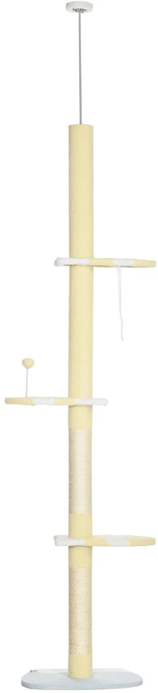 PawHut draskyklė, kačių draskyklė iki lubų, 220–260 cm, laipynė su žaidimų kamuoliuku, reguliuojamo aukščio kačių medis, žaidimų medis su apsauga nuo apvirtimo, pliušas, geltona