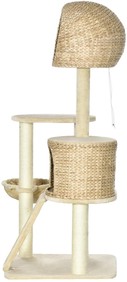 PawHut draskyklė katėms, 150 cm, su nameliu, hamaku ir rampa, apsauga nuo apvirtimo, pliušinė, smėlio spalvos
