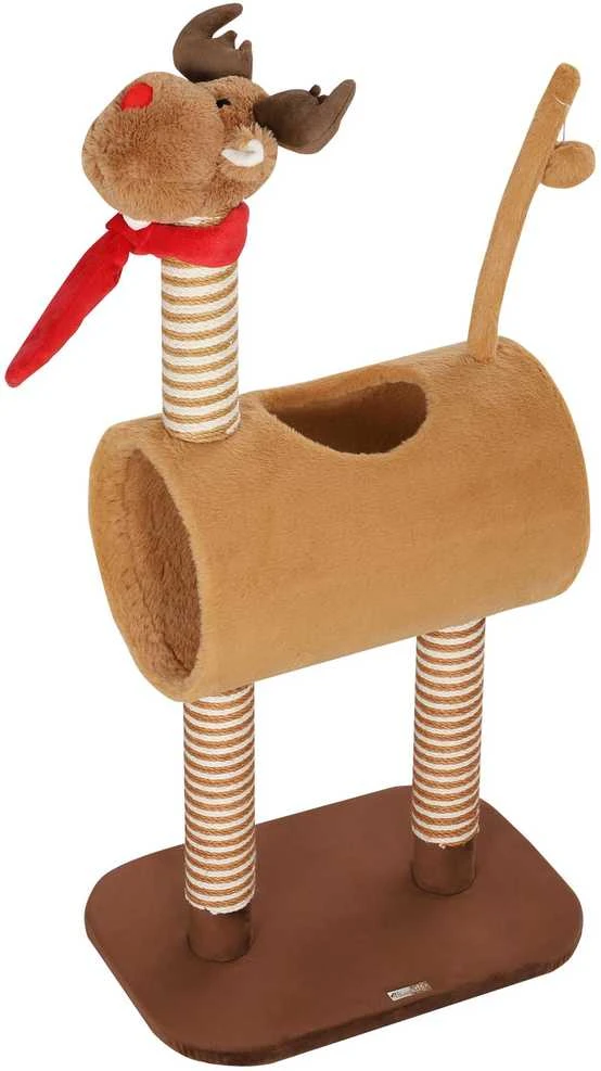 PawHut 98 cm draskyklė-bokštas elnio dizaino, su landyne, žaisliniu kamuoliuku, džiuto stulpais, kačių draskyklė, laipynė, vidutinio dydžio katėms, ruda