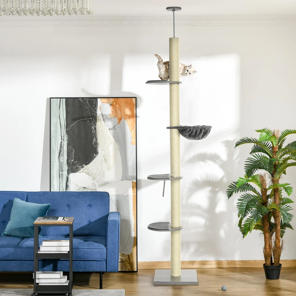 PawHut draskyklė katėms iki lubų, 230-250 cm, su hamaku, reguliuojamo aukščio, pilka+kreminė
