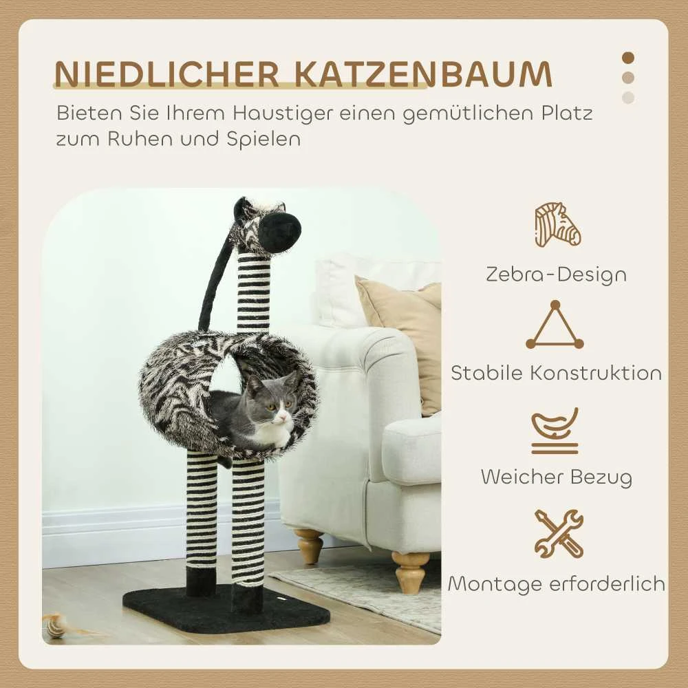 PawHut draskyklė katėms Zebra dizainas, laipiojimo tunelis, džiuto stulpai, juoda ir balta, 93 cm