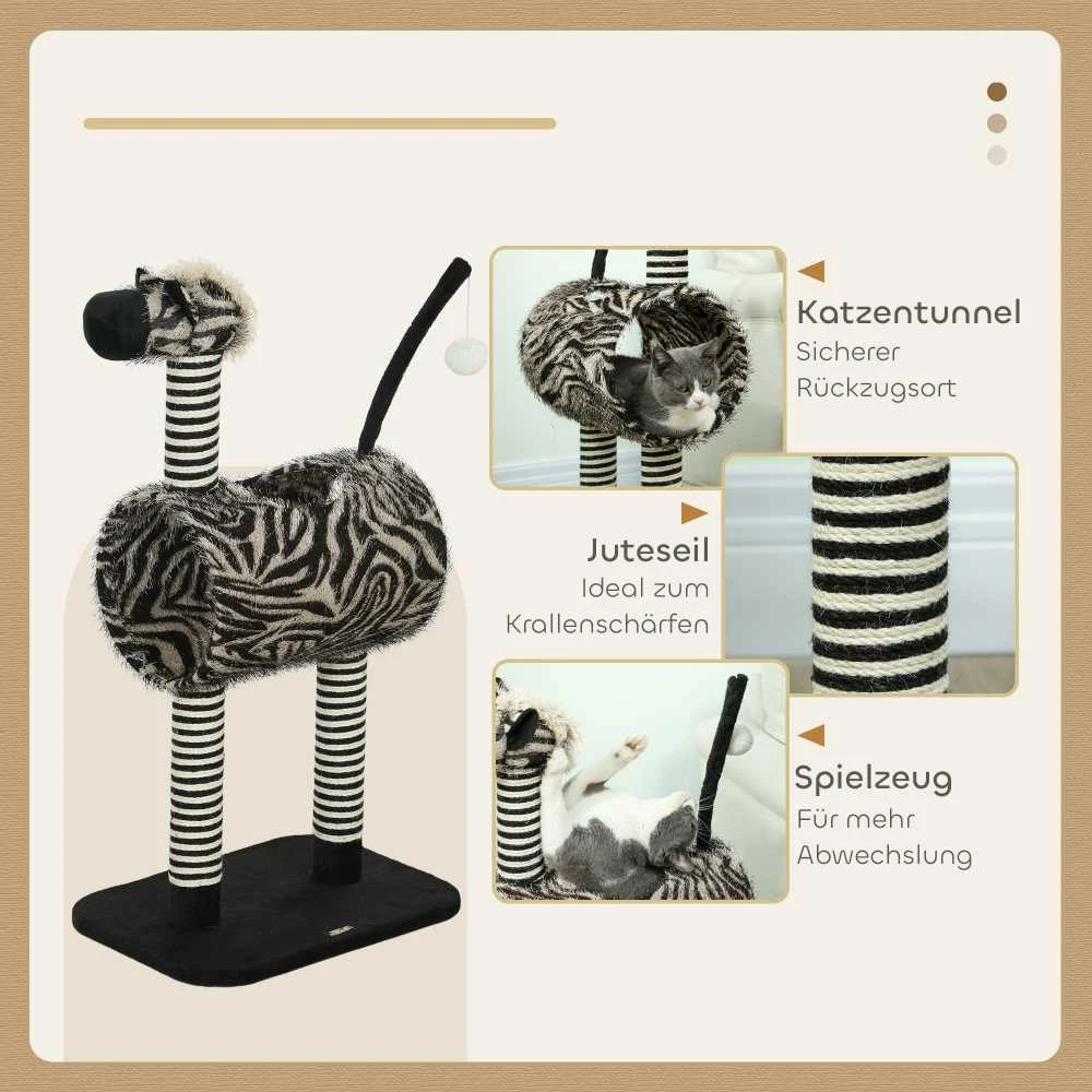 PawHut draskyklė katėms Zebra dizainas, laipiojimo tunelis, džiuto stulpai, juoda ir balta, 93 cm