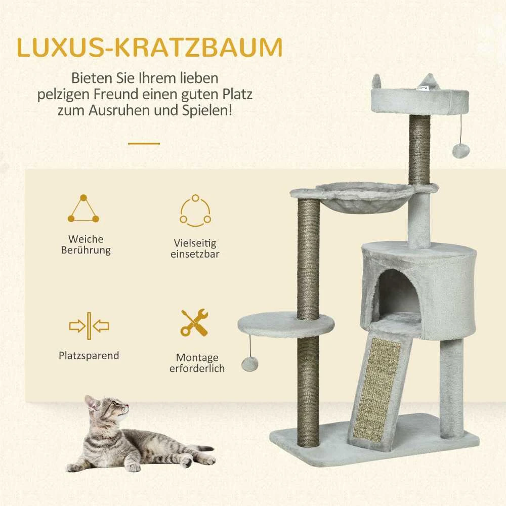 PawHut kačių draskyklė su nameliu ir sizalio stulpu, žaidimų stovas su rampa, žaislas katėms, šviesiai pilka, 113 cm