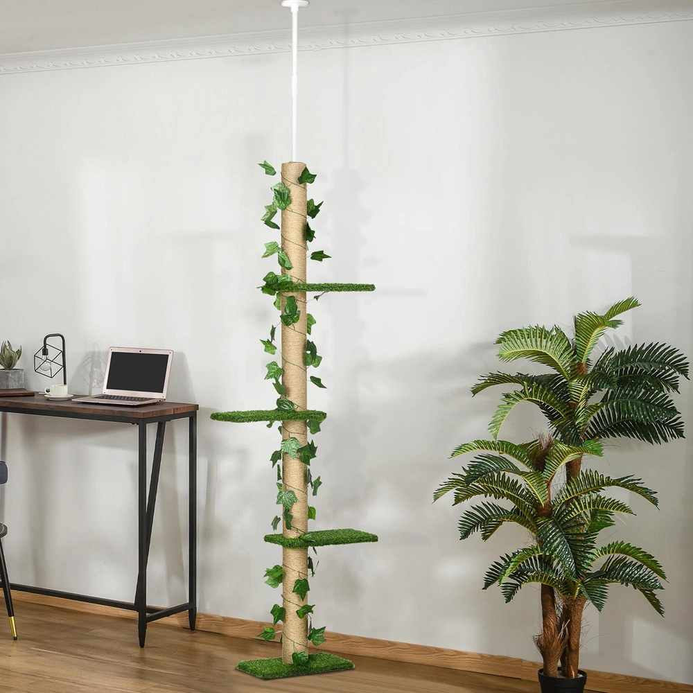 PawHut draskyklė, montuojama iki lubų, 202-242 cm, laipynė katėms, reguliuojamo aukščio, su apsauga nuo griuvimo, džiutas, žalia ir geltona