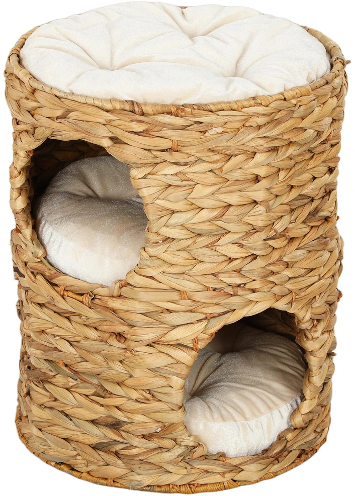 PawHut draskyklė-namelis, 50 cm aukščio katėms su 2 olomis, draskyklė su pagalvėlėmis, kačių bokštas iš vandens hiacinto, katėms iki 3,5kg, šviesiai ruda