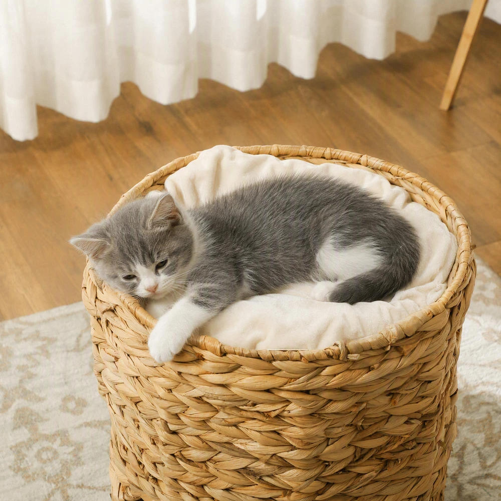 PawHut draskyklė-namelis, 50 cm aukščio katėms su 2 olomis, draskyklė su pagalvėlėmis, kačių bokštas iš vandens hiacinto, katėms iki 3,5kg, šviesiai ruda