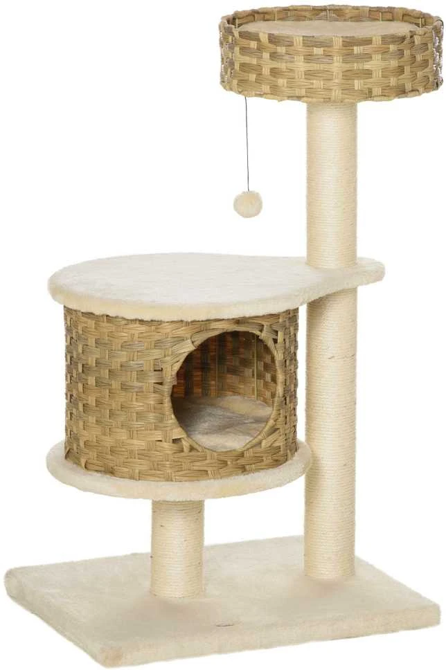 PawHut rotango draskyklė katėms, laipynė su nameliu, sizalio stulpais ir žaisliniais kamuoliukais, 95 cm, natūrali ir smėlio spalva