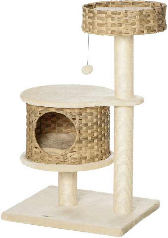 PawHut rotango draskyklė katėms, laipynė su nameliu, sizalio stulpais ir žaisliniais kamuoliukais, 95 cm, natūrali ir smėlio spalva