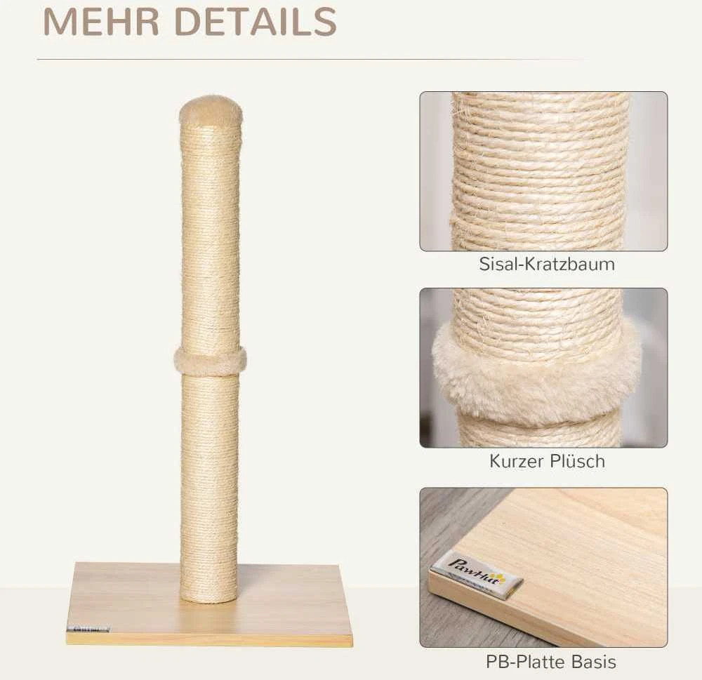 PawHut draskyklė-stulpas, sizalio draskymo stulpas katėms, stabilus, su kamuoliuku, 60 cm, medžio drožlių plokštė, smėlio spalvos ir ąžuolo