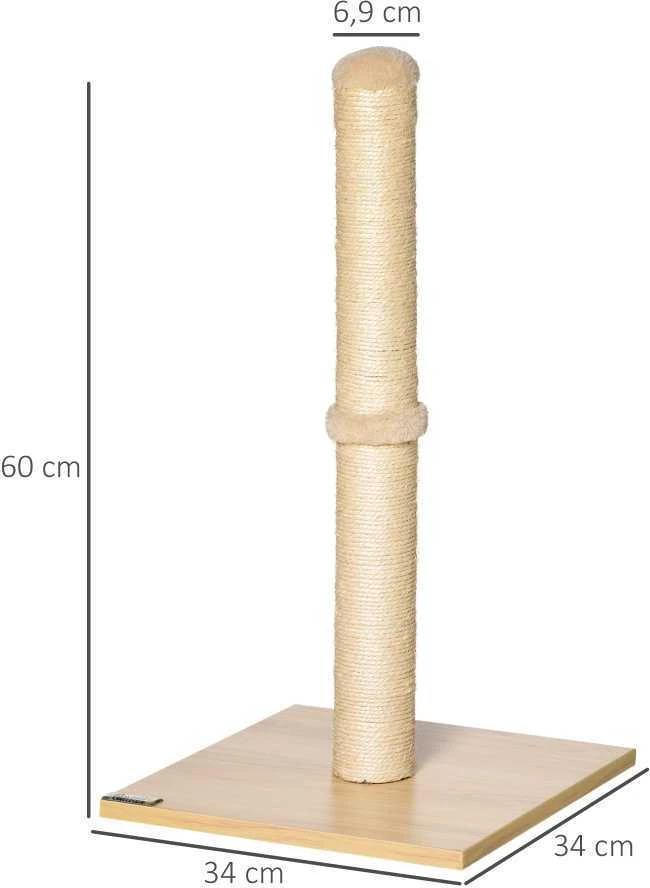 PawHut draskyklė-stulpas, sizalio draskymo stulpas katėms, stabilus, su kamuoliuku, 60 cm, medžio drožlių plokštė, smėlio spalvos ir ąžuolo