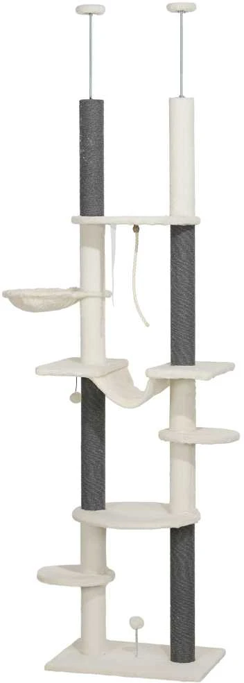 PawHut lubinis draskyklė, kačių draskyklė, 225-255 cm kačių draskyklė su hamakais, draskymo stulpais, krepšiu, žaisliniu kamuoliuku, kačių baldai su apsauga nuo apvirtimo, balta