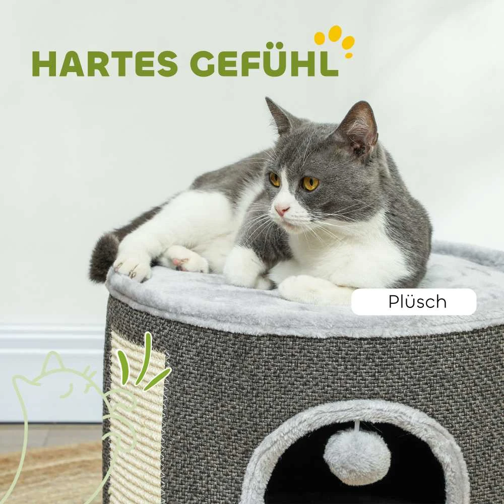 PawHut draskyklė-namelis, 30 cm aukščio katėms, su anga, draskyklė, sisalinis katės bokštas, iki 5kg svorio katėms, tamsiai pilka