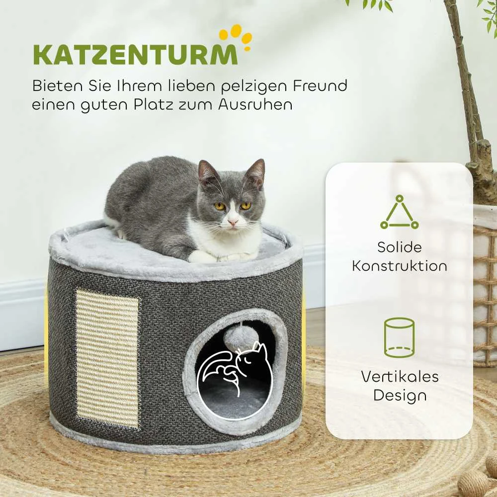 PawHut draskyklė-namelis, 30 cm aukščio katėms, su anga, draskyklė, sisalinis katės bokštas, iki 5kg svorio katėms, tamsiai pilka