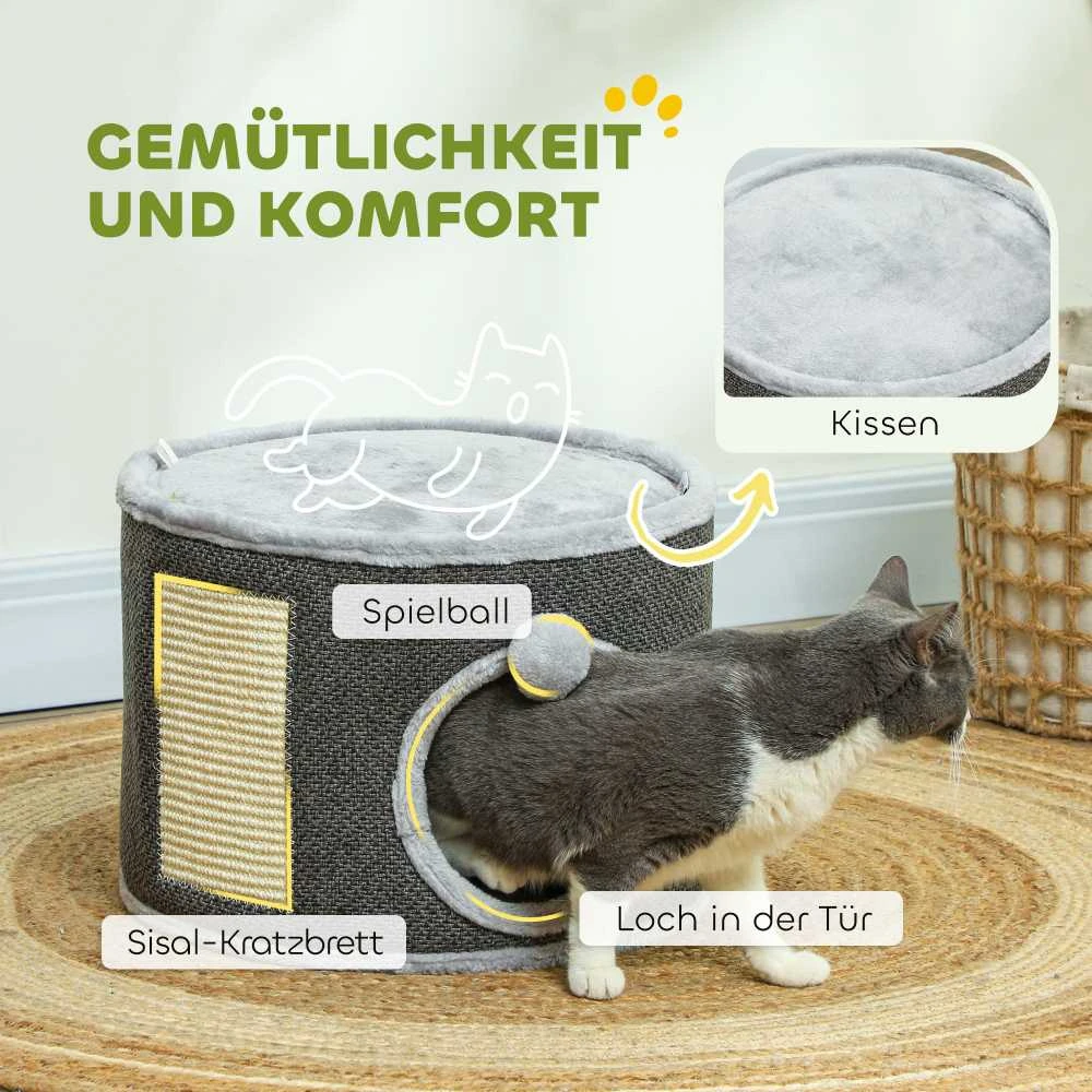 PawHut draskyklė-namelis, 30 cm aukščio katėms, su anga, draskyklė, sisalinis katės bokštas, iki 5kg svorio katėms, tamsiai pilka
