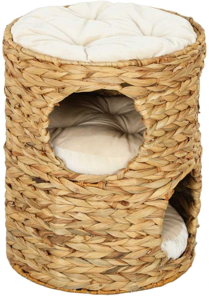 PawHut draskyklė-namelis, 50 cm aukščio katėms su 2 olomis, draskyklė su pagalvėlėmis, kačių bokštas iš vandens hiacinto, katėms iki 3,5kg, šviesiai ruda