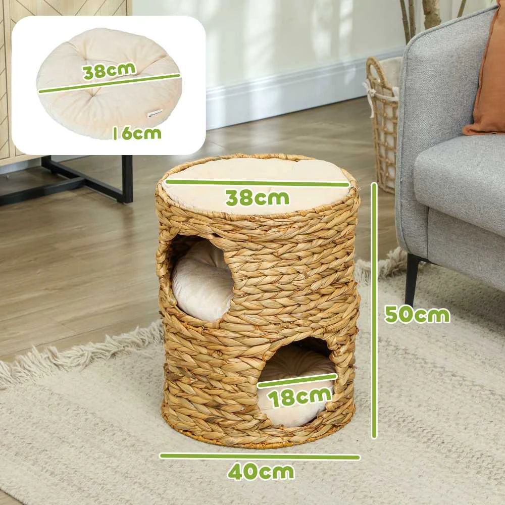 PawHut draskyklė-namelis, 50 cm aukščio katėms su 2 olomis, draskyklė su pagalvėlėmis, kačių bokštas iš vandens hiacinto, katėms iki 3,5kg, šviesiai ruda