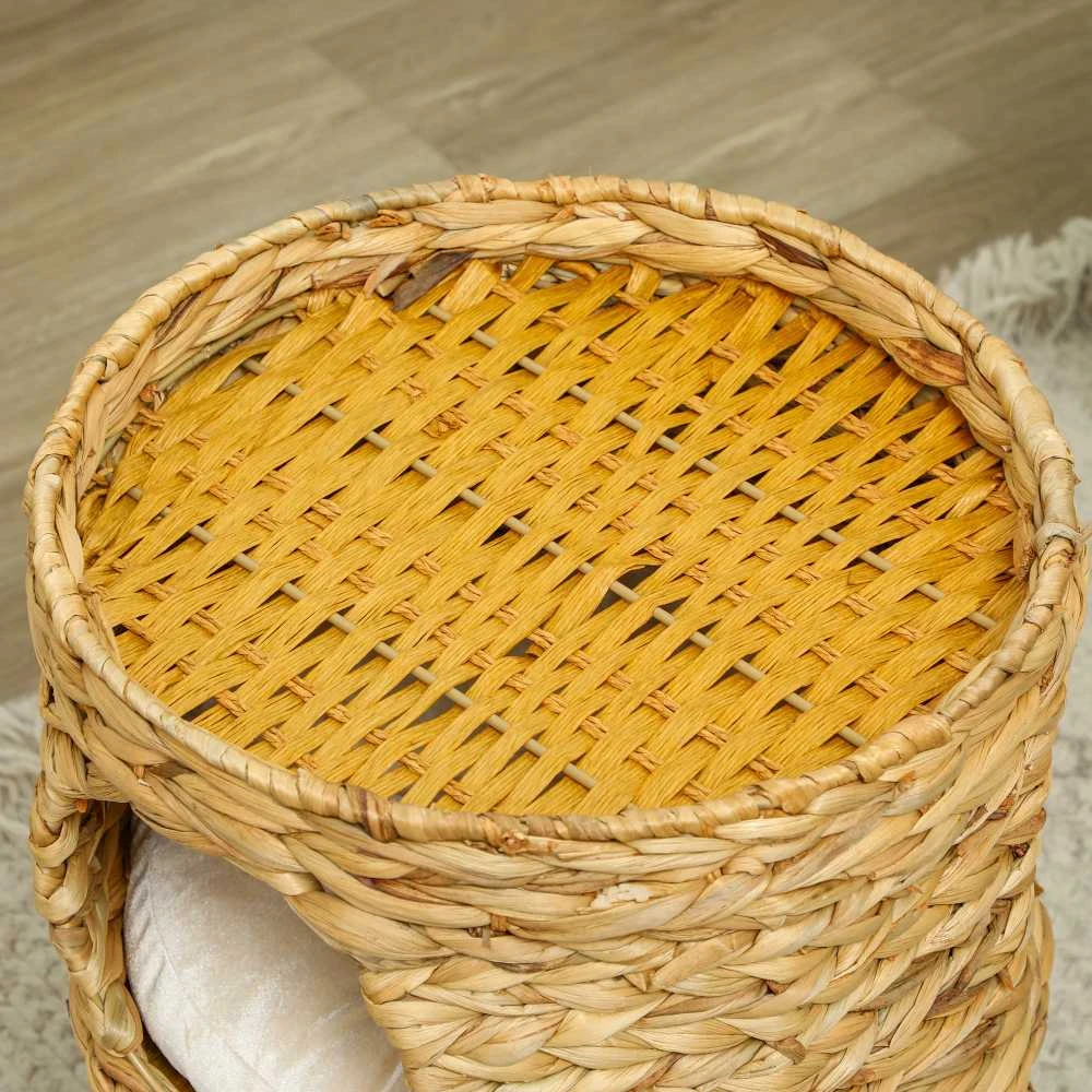 PawHut draskyklė-namelis, 50 cm aukščio katėms su 2 olomis, draskyklė su pagalvėlėmis, kačių bokštas iš vandens hiacinto, katėms iki 3,5kg, šviesiai ruda