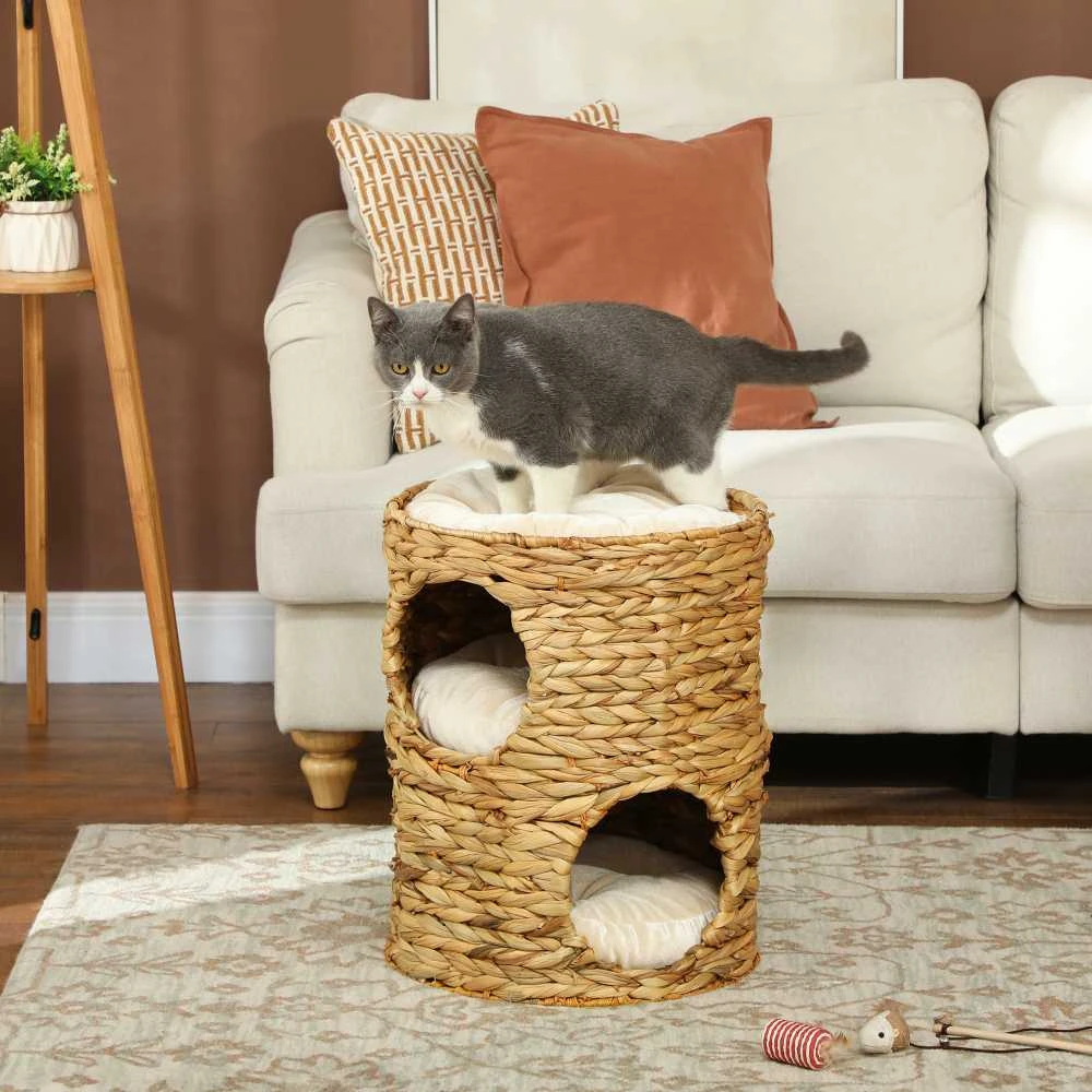 PawHut draskyklė-namelis, 50 cm aukščio katėms su 2 olomis, draskyklė su pagalvėlėmis, kačių bokštas iš vandens hiacinto, katėms iki 3,5kg, šviesiai ruda